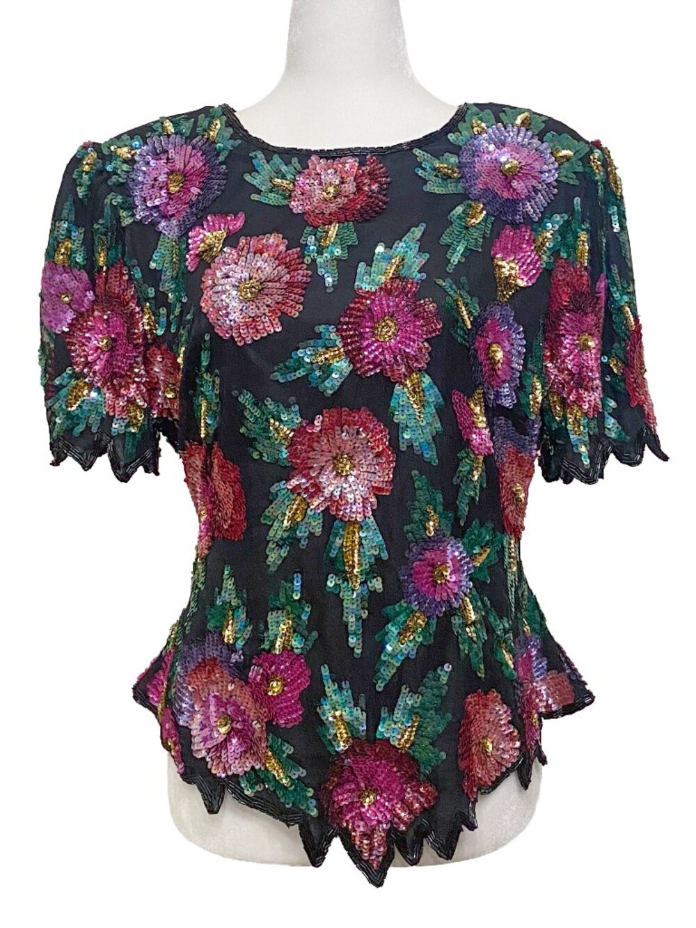 VTG 80s LAURENCE KAZAR Silk Sequin Floral Blouse Scalloped Evening Top Medium *
